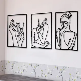CHENGU Minimalistische abstrakte Frau Wandkunst aus Metall (schwarz, 3 Stück, Hand) für Küchendekoration