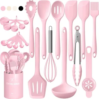 Silikon Küchenhelfer Set, 22 Stück Kochutensilien Kochgeschirr, Hitzebeständiger Kochbesteck Set mit Utensilienhalter, Gesund & Antihaft, Spülmaschinengeeigne - Rosa