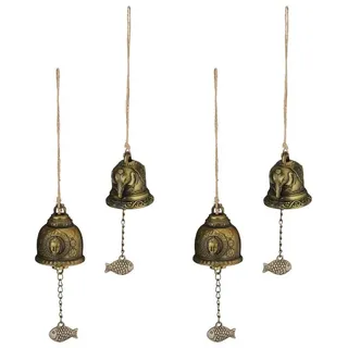 Relaxdays Windspiel Glocken, 4er Set, Feng Shui Glockenspiel, buddhistische Motive, Garten, Metall, Klangspiel, gold
