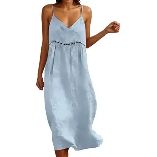 Neckholder Kleid Damen Sommer Maxi Kleid mit V-Ausschnitt Leichte Luftige Strandkleid Freizeitkleid Spaghetti Leinenkleid
