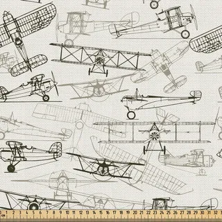 ABAKUHAUS Flugzeug Gewebe als Meterware, Altmodische Flugzeuge Collection Hand gezeichnete Art Vintage Transport, 3 M (148 x 300 cm), Olivgrün Tan - Grün