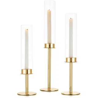 Sziqiqi Kerzenständer Gold Metall für Hochzeit - 48/42/36cm Kerzenhalter Dekorative Stabkerzenhalter mit Windlicht Glas Kerzenleuchter für Stabkerzen für Wohnzimmer Deko Modern