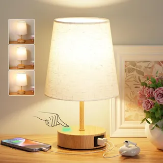 PreeOtti Nachttischlampe Touch Dimmbar, USB A+C-Ladefunktion, Tischlampe mit Lampenschirm in Leinenfarbe, Kleine Lampe für Nachttisch Wohnzimmer Schlafzimmer Kinderzimmer Büro(LED-Birne Inklusive)