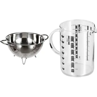 WMF Gourmet Sieb Edelstahl 24 cm, Seiher mit Standfüßen & Gourmet Messbecher Glas 1l, hitzebeständiges Glas, Messbecher 1l, Skalierung für Liter, Milliliter, Tassen und Gramm, Transparent