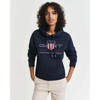 Kapuzensweatshirt GANT "ARCHIVE SHIELD HOODIE", Damen, Gr. S, blau (evening blau), Sweatware, Obermaterial: 78% Baumwolle, 22% Polyester, bedruckt, unifarben, regular fit normal, Rundhals, eingesetzt Rippbündchen, Sweatshirts Kapuzensweatshirt, Mit Kapuze mit Kordelzug