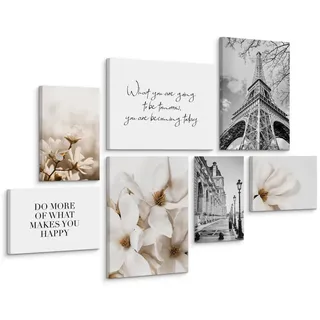 Muralo Leinwandbilder 7-er Set Blumen Zitate , Schwarz, Weiß, Beige, Braun, Grau , Textil , Floral, Stadtarchitektur, Sprichwort/Zitat , Rechteckig , 110x80 cm , Bilder & Rahmen, Bilder