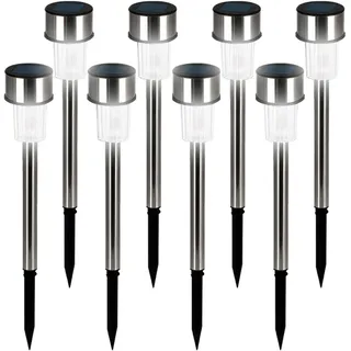 DEUBA® Solarlampe für Außen 8er Set LED Wetterfest IP44 Dämmerungssensor Erdspieß Edelstahl Weiß Solar Garten Leuchte Außenleuchte Balkon Deko
