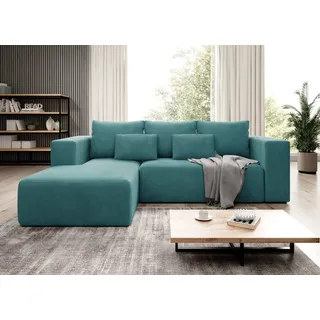 Easy4You Ecksofa Türkis Stripes L-Form in Kord – 255 cm - Schlafsofa mit Bettzeugbehälter und Schlaffunktion - Eckcouch mit Stauraum - Links – Stoff Kord POSO 26 - Türkis