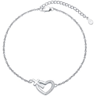 YAFEINI Herz Fußkettchen 925 Sterling Silber für Damen Kreuz Charme Baumeln Knöchel Armband Schmuck Geschenk für Frauen Einstellbar