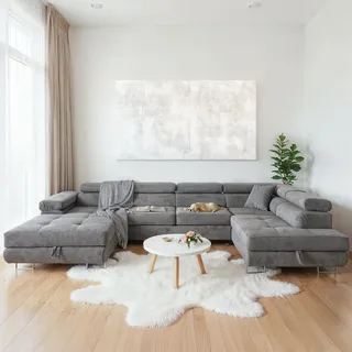 Sofiland Ecksofa Aller U XXL-Ecksofa mit Schlaffunktion und zwei Bettkästen in Hellgrau, rechte Seite - Hellgrau