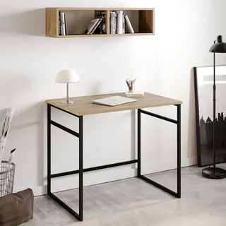 Industrial Study Desk with Wall Shelf, Oak & Black, 90 x 60 x 75 cm | 100% Melamine Coated Particle Board, 18 mm Thick, Sturdy Metal Legs | Perfect for Modern Home Office