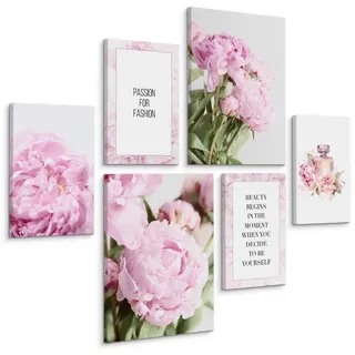 Muralo Leinwandbilder 6-er Set Blumen Zitate , Grün, Schwarz, Weiß, Rosa, Beige , Textil , Baum/Pflanze/Natur, Sprichwort/Zitat , Rechteckig , 90x80 cm , Bilder & Rahmen, Bilder