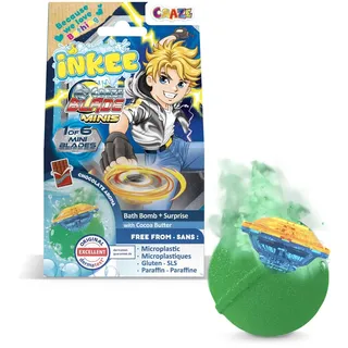 INKEE Surprise Blade Kampfkreisel - Badebombe Kinder mit Überraschung | Badekugel 100g mit Schokolade-Duft und Kakaobutter - 1 von 6 Mini Kreisel in Rot oder Grün inklusive Starter zum Sammeln