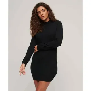 Superdry für Damen. W8011223A Langärmeliges Strickkleid aus schwarzer Wolle (L), Lässig, Baumwolle, Langarm