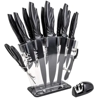Intirilife Küchenmesser Set mit Messerblock und Schärfer (17-tlg.) , Schwarz , Metall , 11.5x23.5x36 cm , Küchenmesser, Messerblöcke
