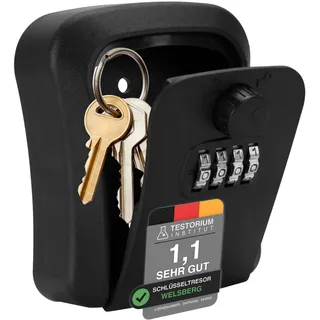 Welsberg Schlüsselkasten, Schlüsseltresor, Schlüsselbox mit 4-stelligem Zahlencode für außen und innen, Sicher, Zahlenschloss, Wandmontage, Schwarz