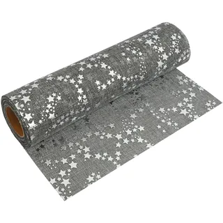 MODERNO Tischläufer Tischdeko mit Sternen in Silber (28 cm x 5 m) hochwertiges Tischband in Juteoptik für Weihnachten & Adventszeit, Festliche Dekoration zu feierlichen Anlässen