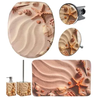 Badaccessoire-Set SANILO "Sanibel", braun, beige, Massivholz, Polyester, Polyresin (Kunststein), Badaccessoires-Sets, Badaccessoire-Set, bestehend aus WC-Sitz, Badteppich, Stöpsel, Seifenspender, WC-Bürste