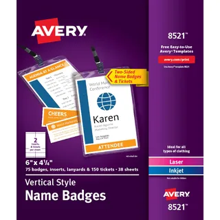 Avery Vertical Name Badges, 6" x 4.25", 75 Name Badges, Plastic Holders, Inserts and Lanyards and 150 Tickets Included (8521)