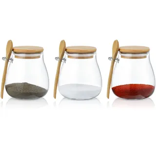 Joeyan 350ml Glas Vorratsbehälter mit Holzdeckel und Holzlöffel - 3er Set Luftdicht Gläser Klein mit Deckel - Küche Vorratsdosen für Würze, Kraeuter, Salz, Tee