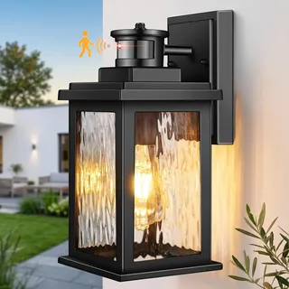 VIANIS Aussenlampe mit Bewegungsmelder, Schwarz Ausenbeleutung Hauswand, Wetterfeste Außenwandleuchte aus Aluminium, Moderne Außenlampe Wand mit Wellenglas, Außenleuchte E27 für Haus, Terrasse, Flur