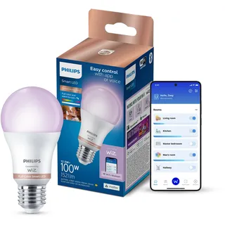 Philips Smart Lighting, Smarte LED RGB A60 Lampe, E27-Sockel, 1521 lm, farbiges und einstellbares weißes Licht 2200–6500 K, niedrig dimmbar, kompatibel mit WiZ, Alexa, Google Home, Apple Home