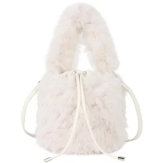 MEGAUK Damen Herbst Winter Beuteltasche Bucket Bag Kunstpelz Handtasche Flauschig Umhängetasche Plüsch Schultertasche mit Kordelzug für Mädchen (Weiß)