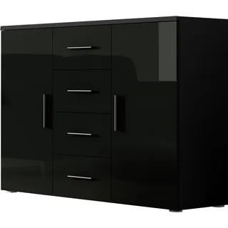 Furniture24 Kommode Uni - SOHO Sideboard mit 4 Schubladen, 2 Türen Schwarz/Schwarz Hochglanz - Schwarz