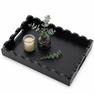 Hanobe Deko Tablett Groß Modern Schwarz mit Griff für Wohnzimmer | 40x30cm Dekotablett Holz mit Wellenrand für Couchtisch, Rechteckig Holztablett, Wavy Design Serviertablett für Küche