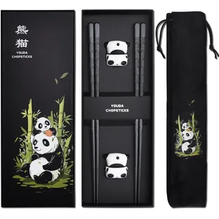 Wiederverwendbares Fiberglas Essstäbchen Set mit Panda Design – 2 Paar Geschirrspülmaschinenfeste Stäbchen + Keramik-Auflage – Elegantes Chinesisches Geschenk