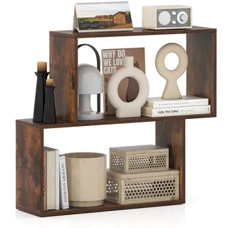 FANTASK 3-stöckiges Holzregal, S-Form Standregal mit 2 würfelförmigen Fächern, freistehendes Bücherregal aus Holz, Display-Regal für Wohnzimmer, Arbeitszimmer, Büro (Kaffee)