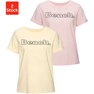 T-Shirt BENCH. LOUNGEWEAR, Damen, Gr. 32/34, bunt (1x vanille, 1x rosa), Single Jersey, Obermaterial: 100% Baumwolle, unifarben, Basic, bequem hüftlang, Rundhals, Umschlagsaum, Shirts T-Shirt, im doppelpack mit Logodruck, Loungewear
