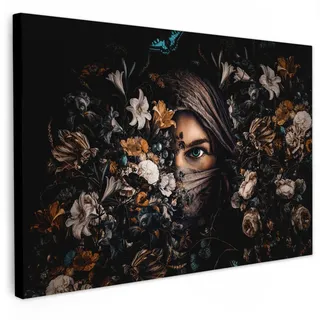 MuchoWow Leinwandbild Frau - Luxus - Blumen - Schmetterling - Porträt Wanddeko 90x60 cm , Schwarz , Textil , Kiefer , Rechteckig , 90x60 cm , FSC 100% , gerahmt , Bilder & Rahmen, Bilder, Leinwandbilder