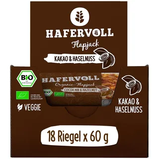 HAFERVOLL Organic Flapjack Cacoa Nib & Hazelnut, 18 x 60 g Müsliriegel - Bio-zertifiziert, mit Honig ohne Zusatz von Zucker, Hafer, im Ofen gebacken