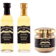 La Rustichella Olivenöl Aromatisiert Mit Schwarzem Trüffel, Olivenöl Aromatisiert Mit Weissem Trüffel und Steinpilzsauce Mit Trüffel-Set