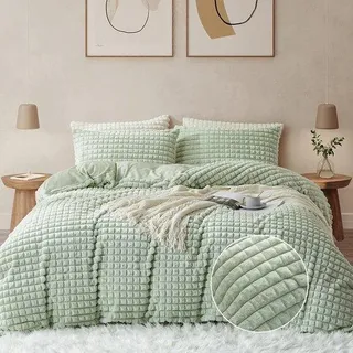 Ibenzoa® Wendebettwäsche-Set Plüsch & Fleece – 135 x 200 cm Bettbezug + 2 Kissenbezüge 80 x 80 cm, Grün