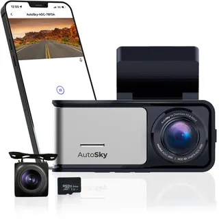 autosky 4K Dual Dashcam mit GPS & WLAN – Frontkamera 4K Ultra HD, Rückkamera 1080P, 140° Weitwinkel, G-Sensor, Loop- & Zeitraffer-Aufnahme, Nac...