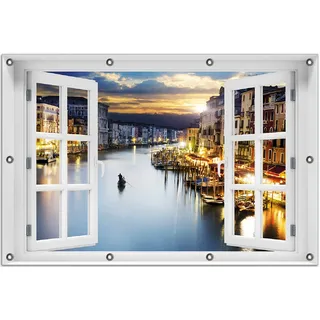 Wallario Outdoor-Poster für Garten oder Balkon 80 x 120 cm: Canal Grande in Venedig am Abend mit untergehender Sonne - Blau
