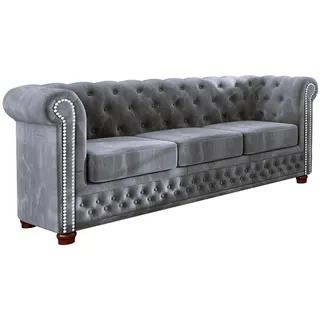 S-Style Möbel Chesterfield-Sofa 3-sitzer Lauren Grau Samt , Textil , Echtholz,Buche, Birke , Füllung: Polyetherschaumkern,Polyetherschaumkern , 203x72x86 cm , Blauer Engel, FSC Mix, Oeko-Tex®, Hergestellt in Europa , Wohnzimmer, Sofas & Couches, Sofas, 3-Sitzer Sofas