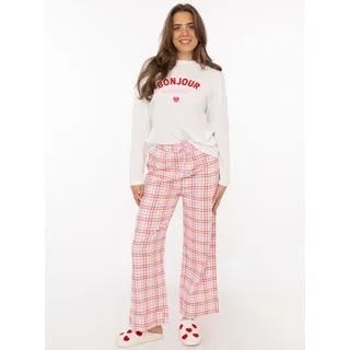 Pyjama ZWILLINGSHERZ "Bonjour Amour", Damen, Gr. L/XL, rosa (pink), Obermaterial: 100% Baumwolle, Homewear-Sets Pyjama, Longsleeve mit Schriftzug und langer, karierter Hose