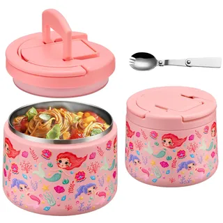 Itslife Thermobehälter für Essen 420ml, Warmhaltebehälter Essen Edelstahl mit Deckel und Löffel, Thermo Lunchbox Kinder Auslaufsicher, Essensbehälter für Picknick, Schulen und Büros, Meerjungfrau