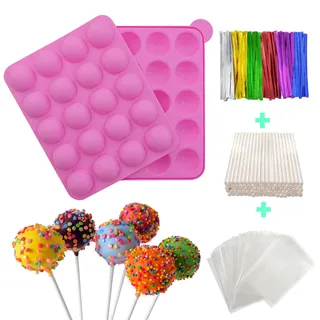 Cake Pop Formen Set, Backform Silikon Cake Pop + 100 Zellophan Cake Pop + 100 Kabelbinder, 20 Runde Formen Silikon Lollipop Form Tablett Kuchen Silikonform FÜR Cupcake Stick Party Urlaub Backen