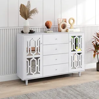 MODFU Kommode Sideboard mit verspiegelten Glastüren und 4 Schubladen, Anrichte Landhausstil Küchenschrank 148x102x40cm, Weiß - Weiß