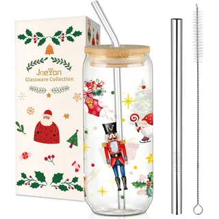 Joeyan 600ml Weihnachten Nussknacker Trinkgläser mit Deckel und Strohhalm | Auslaufsicher 20oz Weihnachtsgläser für Matcha Eiskaffee Smoothie Bubble Tea Bier,Schöne Weihnachtsbecher Weihnachtsgeschenke