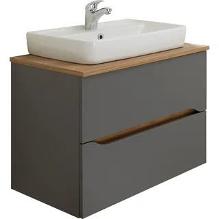 Saphir Waschtisch "Quickset Keramik-Aufsatzbecken mit Unterschrank, 73 cm breit", grau (quarzgrau matt, akzent riviera eiche quer nb, quarzgrau matt touch), B:73cm T:45cm, Keramik, Spanplatte, Waschtische, Waschtisch, Waschplatz, Unterschrank mit Waschbecken, 2 