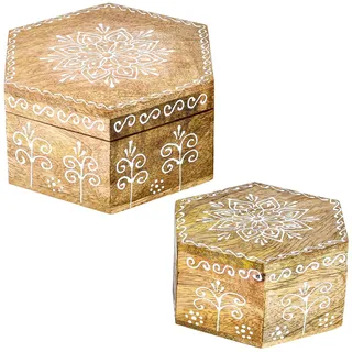 Marrakesch 2er Set Aufbewahrungsbox mit Deckel aus Holz 15 & 10cm groß | Boho Deko Schmuckkästchen Hajdar -3- zur Schmuckaufbewahrung | Massive Holzbox Ideal als Geschenkbox Geschenke für Frauen