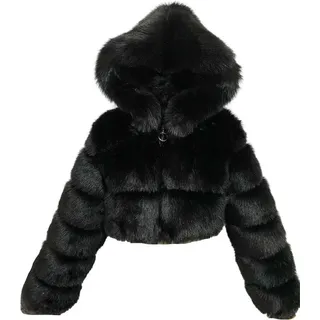 Damen Kunstpelz Mantel Winterjacke Kurz Kunstpelz Mäntel Winter Pelzmantel mit Kaputze Rundhals Felljacke Outwear Oberteile Tops - Schwarz