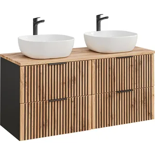 Doppelwaschtisch 120 cm mit Waschbecken XANTEN-56 in anthrazit mit Eiche Nb. schwarz gerillt, B/H/T: ca. 120,6/74,2/46,5 cm - Braun