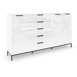 Rauch Möbel Flipp, Kommode, Farbe Glas Weiß, Breite 199 cm | Sideboard, 3-türig, 5 Schubladen, Glasfront, Soft-Close, Griffe, Metallkufe Graphit für Schlafzimmer, Gästezimmer, Wohnzimmer