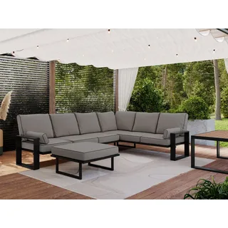 MKS Meble Outdoor Gartenmöbel, Set für 7 Personen, Gartenlounge Set mit Tisch, Hocker und Ecksofa, Terrassenmöbel Set, Couchgarnituren - ELBA 4 - grau - Grau
